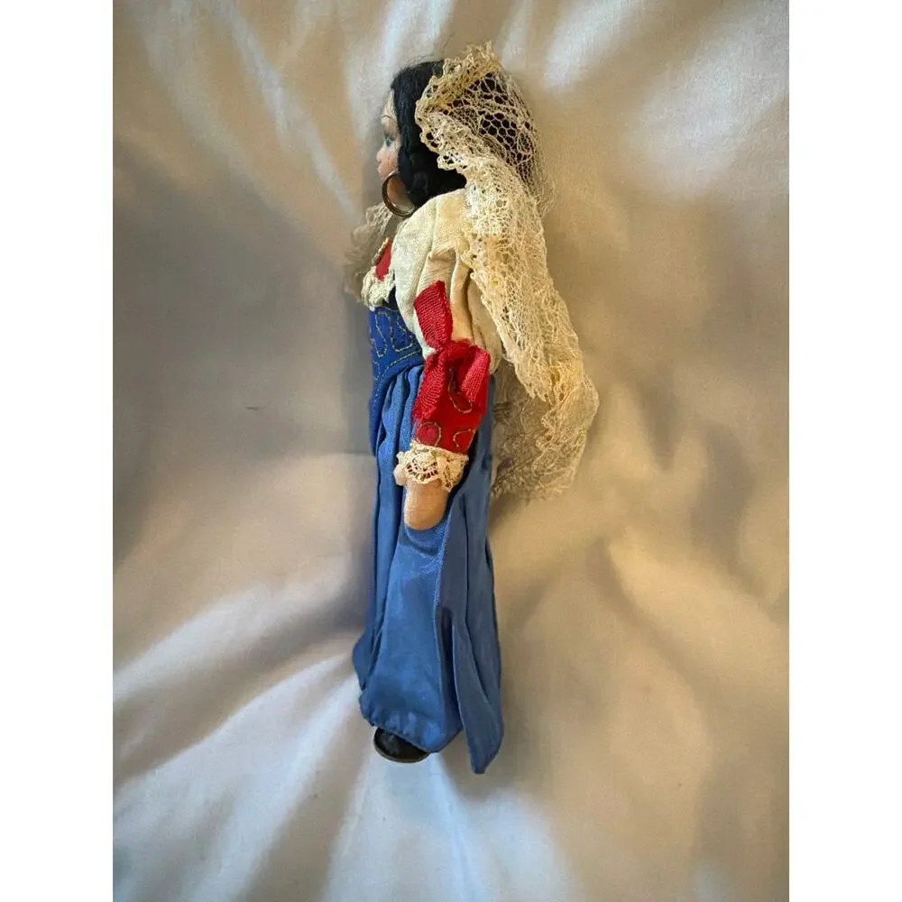 Vintage Spanish Souvenir Doll Felt Face Cloth Body Lace Mantilla Poseable 10